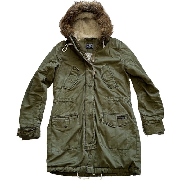 ABERCROMBIE AND FITCH LONG LINE SHERPA LINED FUR TRIM HOOD FULL ZIP JACKET - Picture 1 of 12
